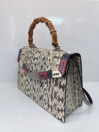 BEIGE SNAKESKIN MEDIUM LILITH BAMBOO TOP HANDLE BAG