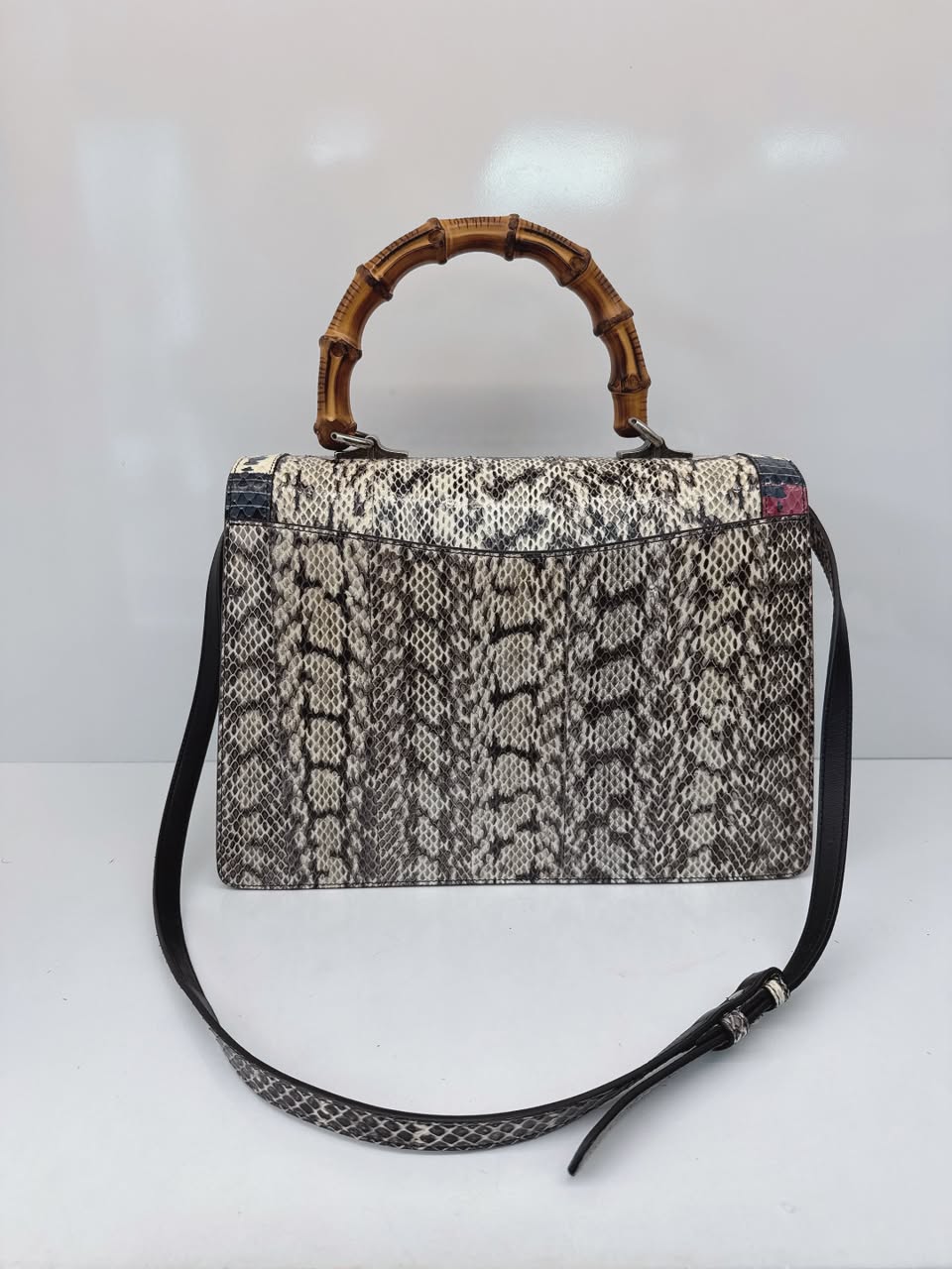 BEIGE SNAKESKIN MEDIUM LILITH BAMBOO TOP HANDLE BAG
