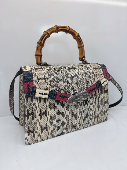 BEIGE SNAKESKIN MEDIUM LILITH BAMBOO TOP HANDLE BAG