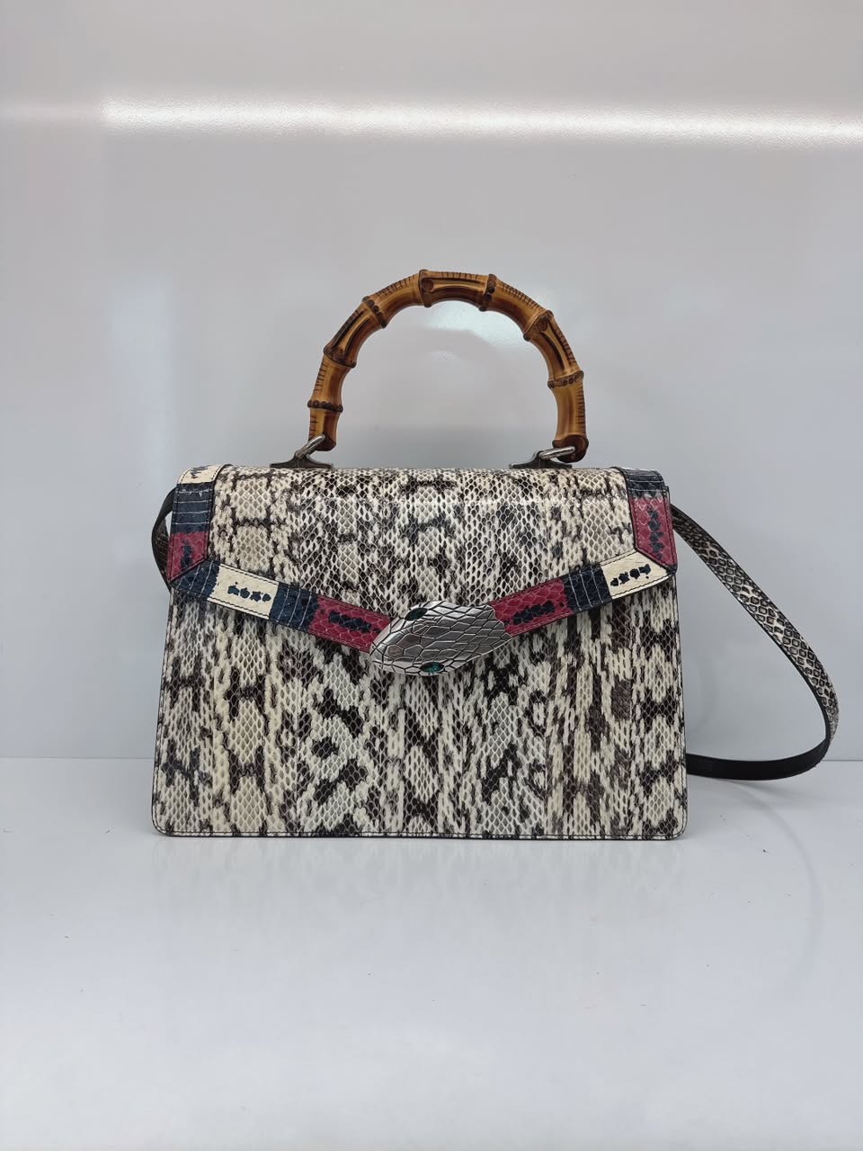 BEIGE SNAKESKIN MEDIUM LILITH BAMBOO TOP HANDLE BAG