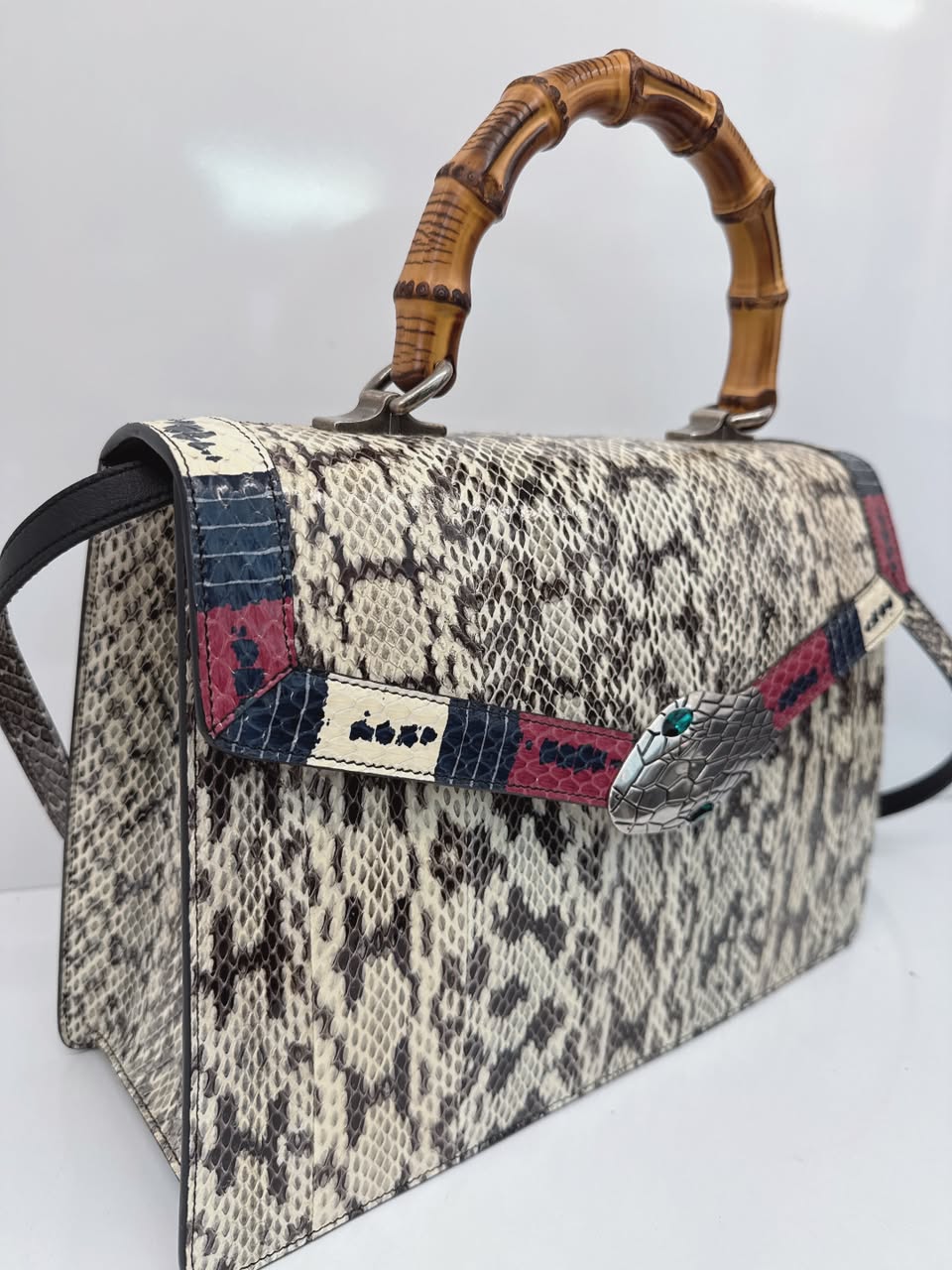 BEIGE SNAKESKIN MEDIUM LILITH BAMBOO TOP HANDLE BAG