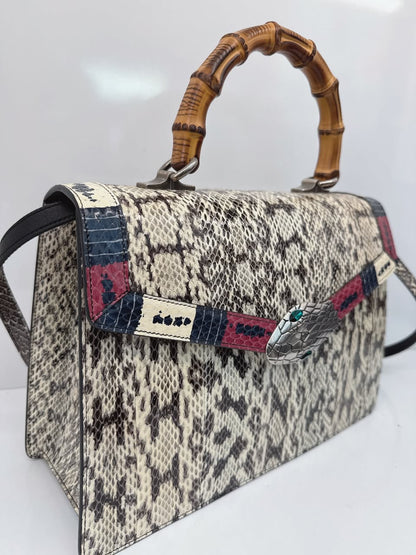 BEIGE SNAKESKIN MEDIUM LILITH BAMBOO TOP HANDLE BAG