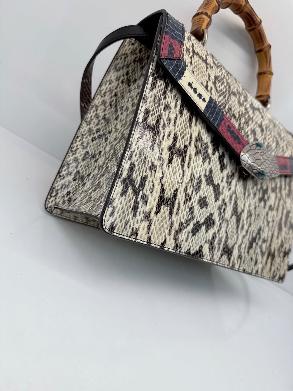 BEIGE SNAKESKIN MEDIUM LILITH BAMBOO TOP HANDLE BAG