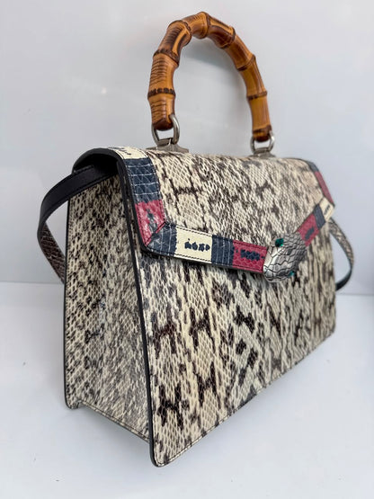 BEIGE SNAKESKIN MEDIUM LILITH BAMBOO TOP HANDLE BAG