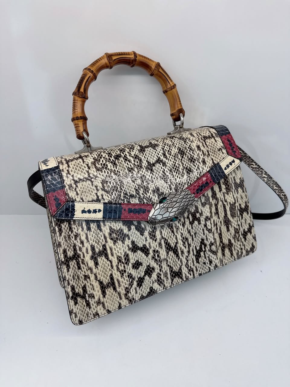 BEIGE SNAKESKIN MEDIUM LILITH BAMBOO TOP HANDLE BAG