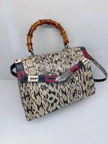 BEIGE SNAKESKIN MEDIUM LILITH BAMBOO TOP HANDLE BAG