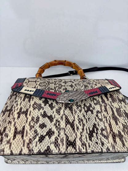 BEIGE SNAKESKIN MEDIUM LILITH BAMBOO TOP HANDLE BAG