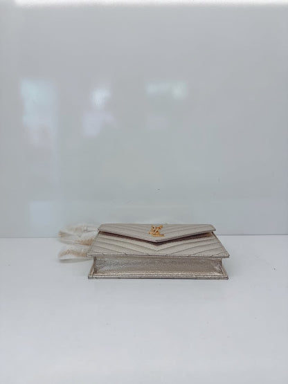 GOLD TEXTURED MONOGRAM SMALL CASSANDRE ENVELOPE WALLET ON CHAIN