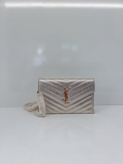 GOLD TEXTURED MONOGRAM SMALL CASSANDRE ENVELOPE WALLET ON CHAIN