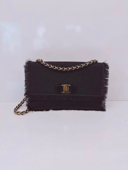 BLACK SUEDE AND FABRIC GINNY FRINGED CROSSBODY BAG
