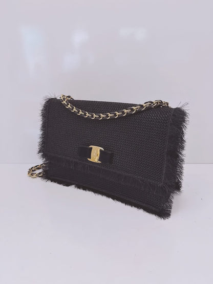 BLACK SUEDE AND FABRIC GINNY FRINGED CROSSBODY BAG