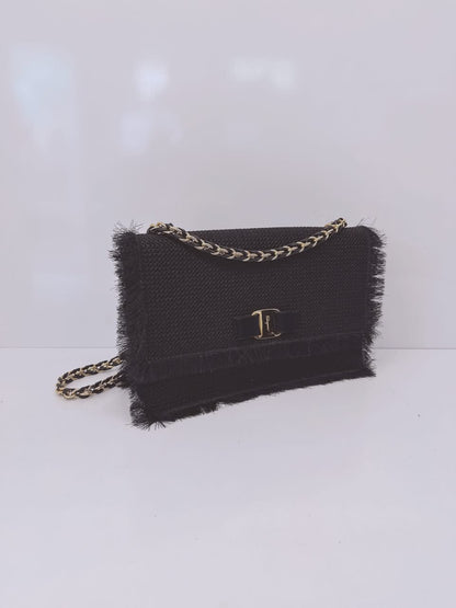 BLACK SUEDE AND FABRIC GINNY FRINGED CROSSBODY BAG
