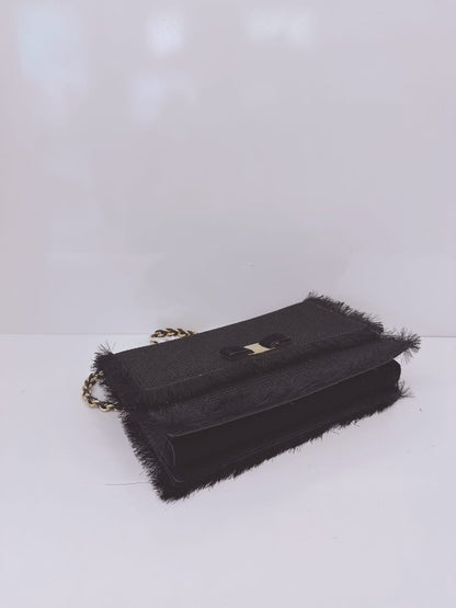 BLACK SUEDE AND FABRIC GINNY FRINGED CROSSBODY BAG