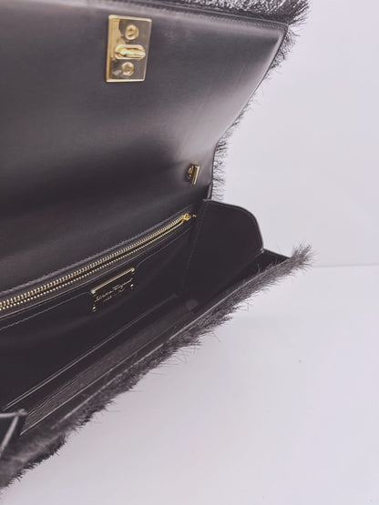 BLACK SUEDE AND FABRIC GINNY FRINGED CROSSBODY BAG