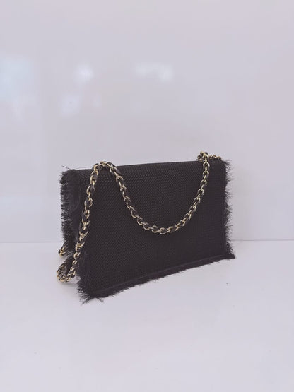 BLACK SUEDE AND FABRIC GINNY FRINGED CROSSBODY BAG