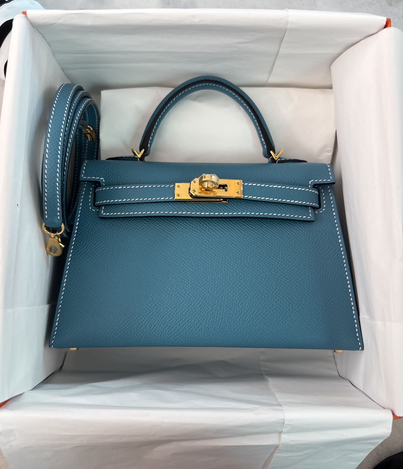 KELLY II SELLIER MINI NEW BLEU JEAN EPSOM LEATHER GOLD HARDWARE
