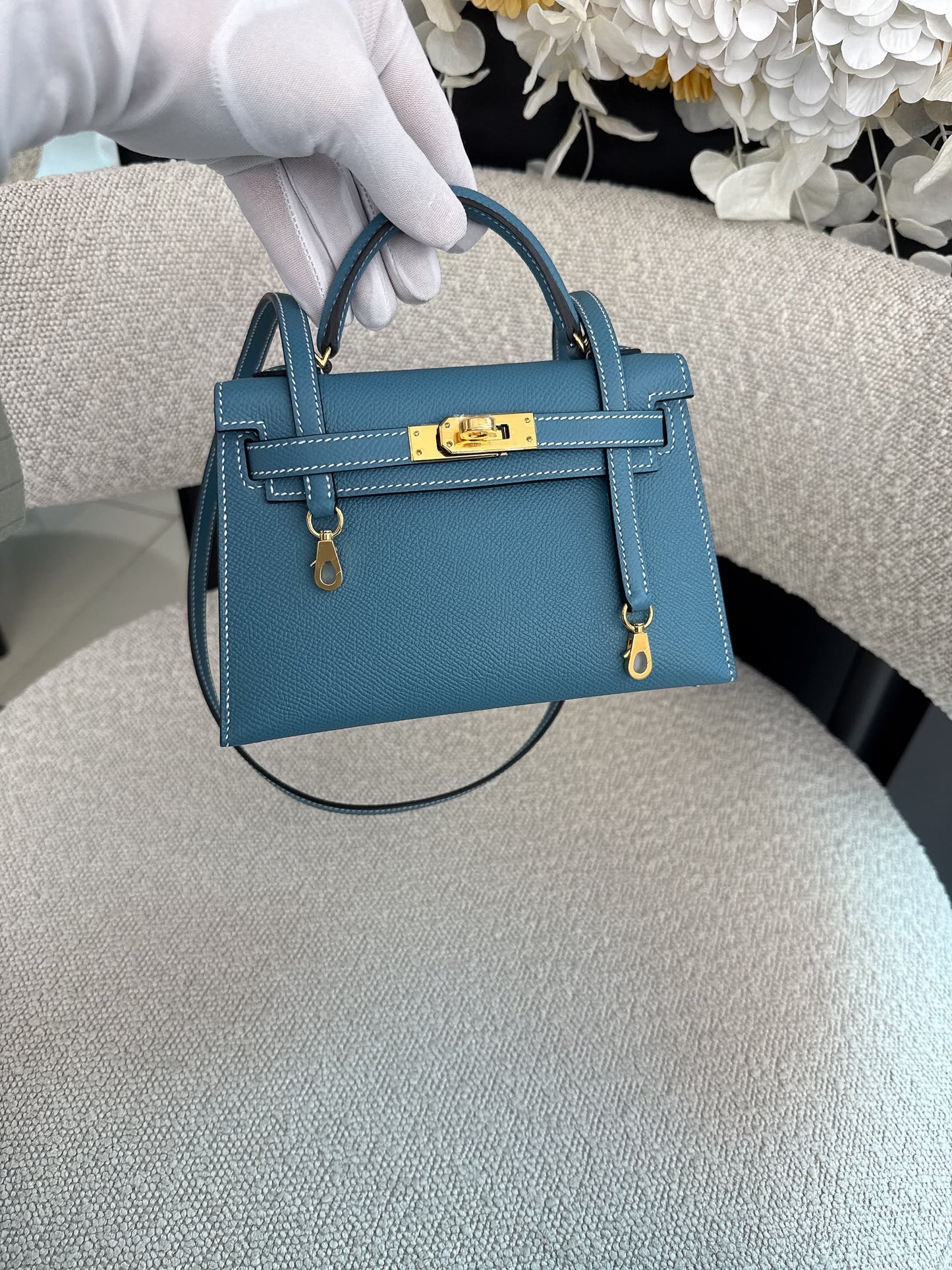 KELLY II SELLIER MINI NEW BLEU JEAN EPSOM LEATHER GOLD HARDWARE