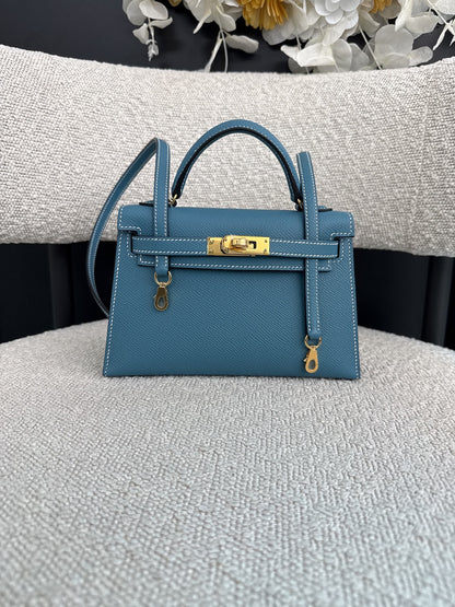 KELLY II SELLIER MINI NEW BLEU JEAN EPSOM LEATHER GOLD HARDWARE