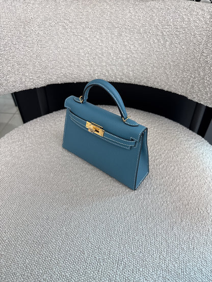KELLY II SELLIER MINI NEW BLEU JEAN EPSOM LEATHER GOLD HARDWARE