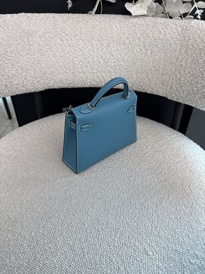 KELLY II SELLIER MINI NEW BLEU JEAN EPSOM LEATHER GOLD HARDWARE