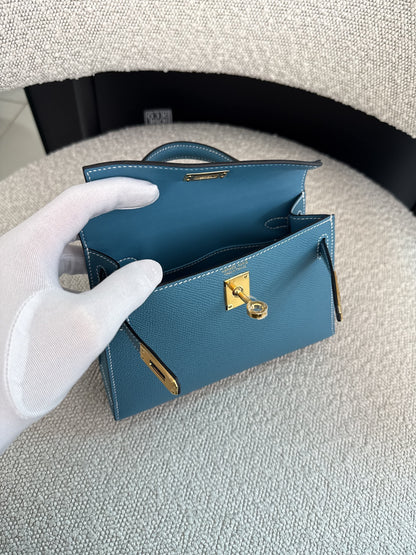 KELLY II SELLIER MINI NEW BLEU JEAN EPSOM LEATHER GOLD HARDWARE