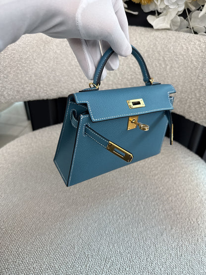 KELLY II SELLIER MINI NEW BLEU JEAN EPSOM LEATHER GOLD HARDWARE