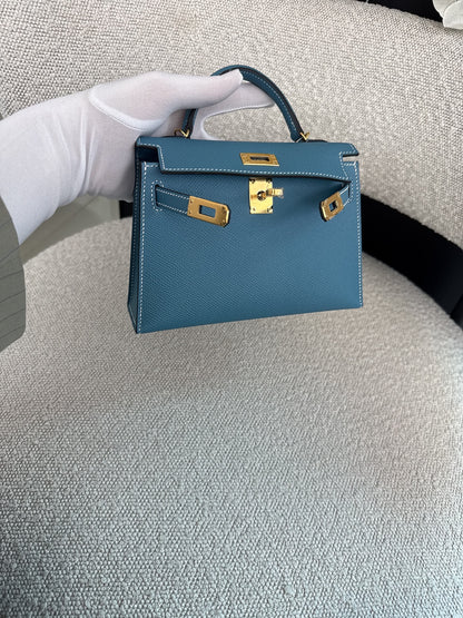 KELLY II SELLIER MINI NEW BLEU JEAN EPSOM LEATHER GOLD HARDWARE