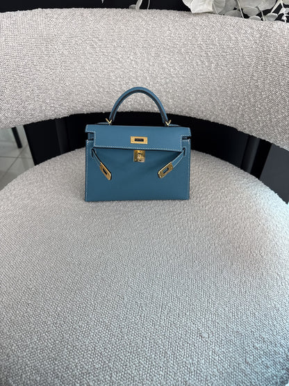KELLY II SELLIER MINI NEW BLEU JEAN EPSOM LEATHER GOLD HARDWARE