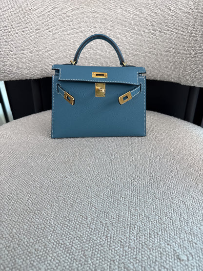 KELLY II SELLIER MINI NEW BLEU JEAN EPSOM LEATHER GOLD HARDWARE