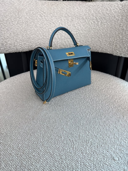 KELLY II SELLIER MINI NEW BLEU JEAN EPSOM LEATHER GOLD HARDWARE