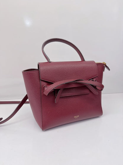 BURGUNDY LEATHER NANO BELT TOP HANDLE BAG