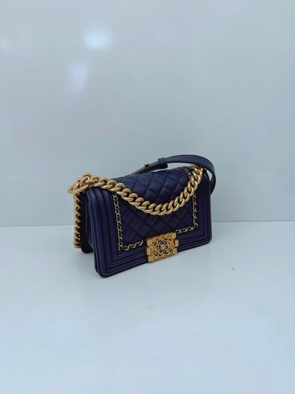 BLUE LAMBSKIN LEATHER SMALL BOY BAG