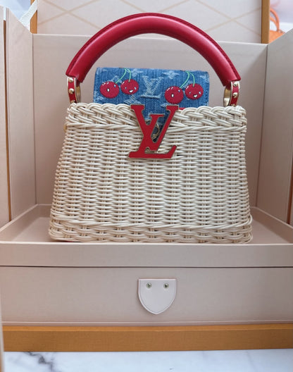 LOUIS VUITTON X TAKASHI MURAKAMI CAPUCINES  MINI RED AND BLUE MONOGRAM CHERRY DENIM AND RATTAN WICKER GOLD HARDWARE