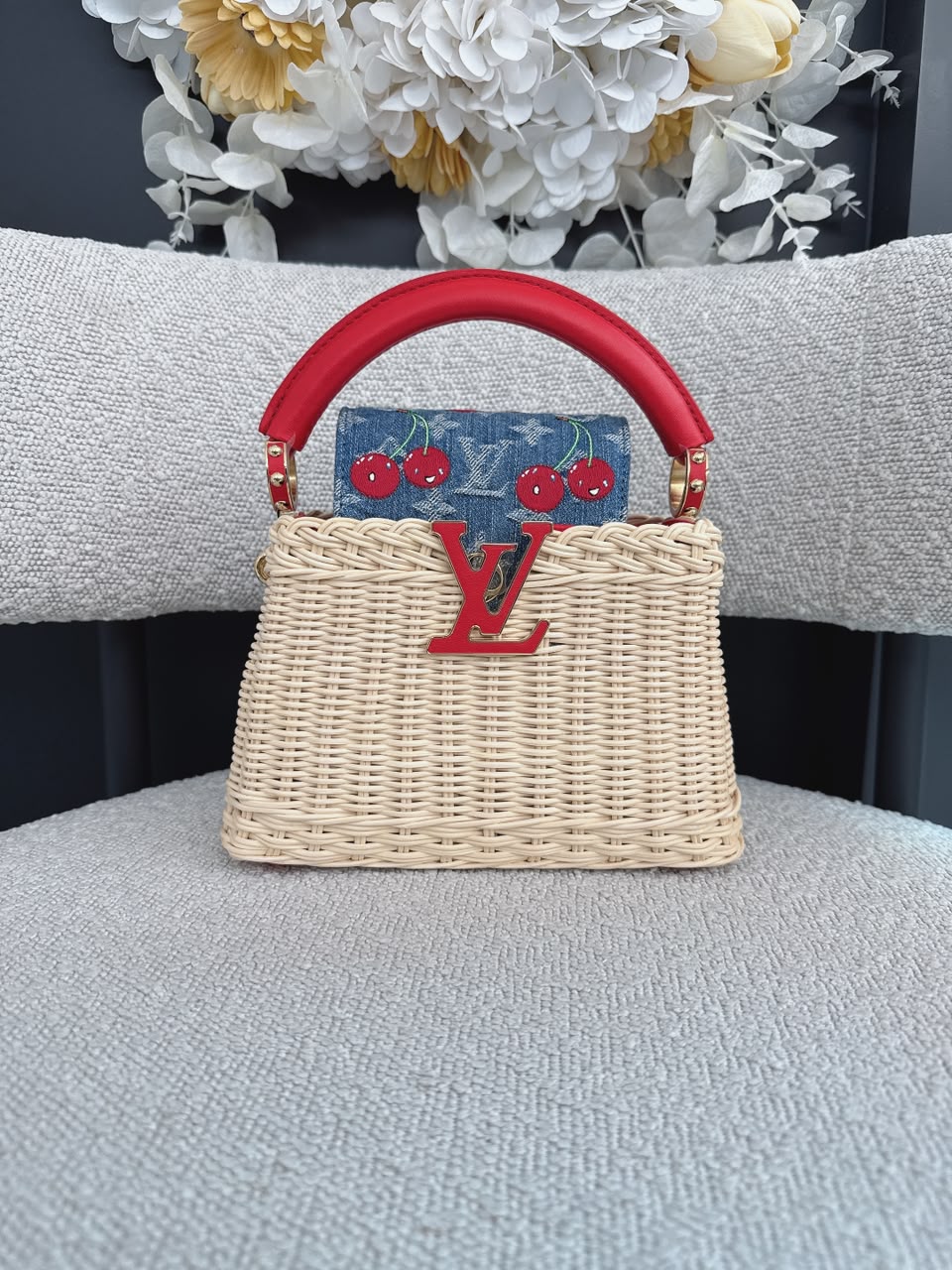 LOUIS VUITTON X TAKASHI MURAKAMI CAPUCINES  MINI RED AND BLUE MONOGRAM CHERRY DENIM AND RATTAN WICKER GOLD HARDWARE