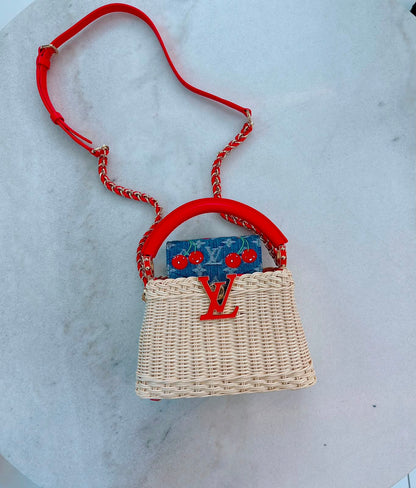 LOUIS VUITTON X TAKASHI MURAKAMI CAPUCINES  MINI RED AND BLUE MONOGRAM CHERRY DENIM AND RATTAN WICKER GOLD HARDWARE