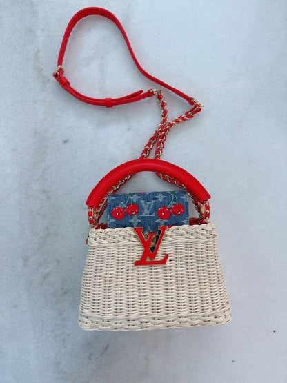LOUIS VUITTON X TAKASHI MURAKAMI CAPUCINES  MINI RED AND BLUE MONOGRAM CHERRY DENIM AND RATTAN WICKER GOLD HARDWARE