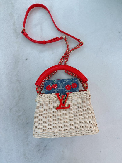 LOUIS VUITTON X TAKASHI MURAKAMI CAPUCINES  MINI RED AND BLUE MONOGRAM CHERRY DENIM AND RATTAN WICKER GOLD HARDWARE