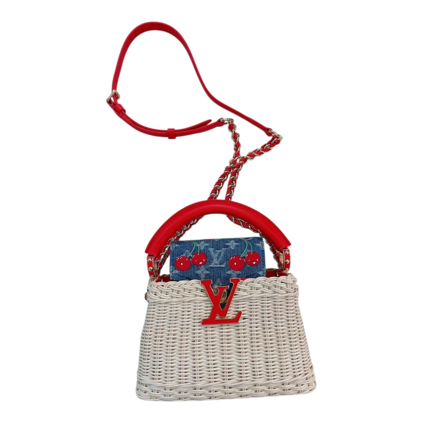 LOUIS VUITTON X TAKASHI MURAKAMI CAPUCINES  MINI RED AND BLUE MONOGRAM CHERRY DENIM AND RATTAN WICKER GOLD HARDWARE