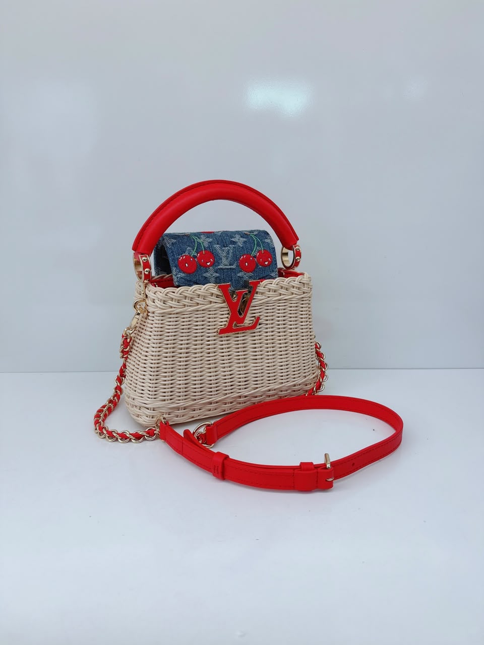 LOUIS VUITTON X TAKASHI MURAKAMI CAPUCINES  MINI RED AND BLUE MONOGRAM CHERRY DENIM AND RATTAN WICKER GOLD HARDWARE