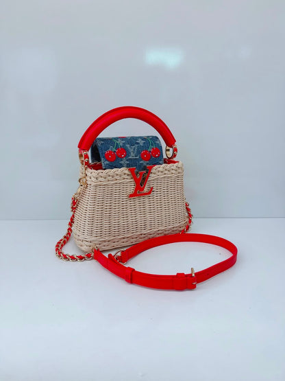 LOUIS VUITTON X TAKASHI MURAKAMI CAPUCINES  MINI RED AND BLUE MONOGRAM CHERRY DENIM AND RATTAN WICKER GOLD HARDWARE