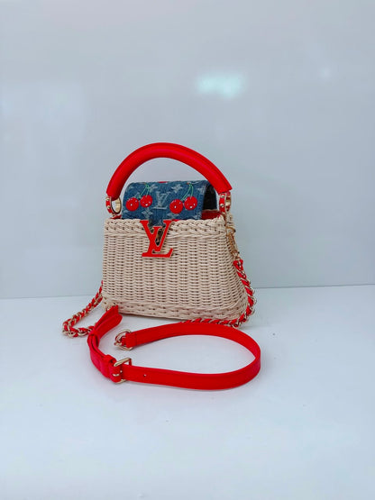 LOUIS VUITTON X TAKASHI MURAKAMI CAPUCINES  MINI RED AND BLUE MONOGRAM CHERRY DENIM AND RATTAN WICKER GOLD HARDWARE