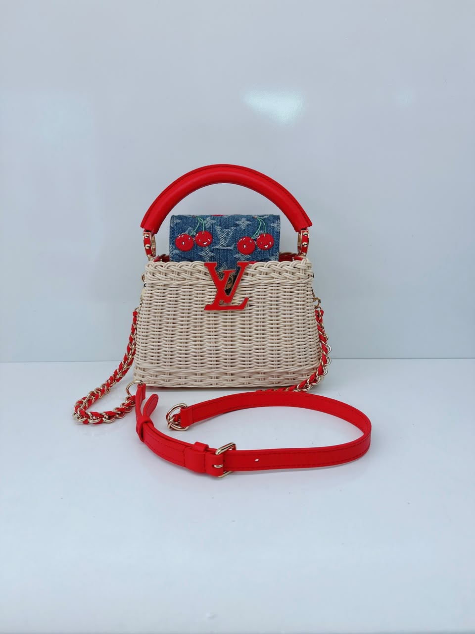 LOUIS VUITTON X TAKASHI MURAKAMI CAPUCINES  MINI RED AND BLUE MONOGRAM CHERRY DENIM AND RATTAN WICKER GOLD HARDWARE
