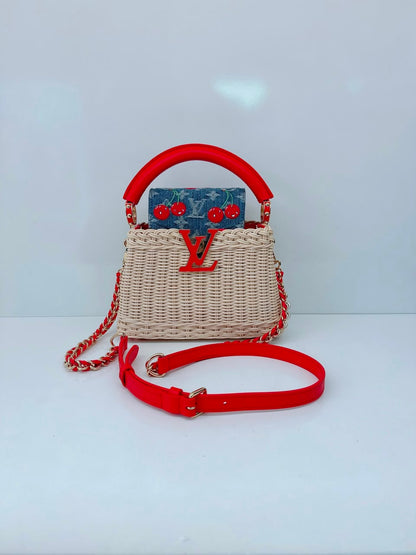 LOUIS VUITTON X TAKASHI MURAKAMI CAPUCINES  MINI RED AND BLUE MONOGRAM CHERRY DENIM AND RATTAN WICKER GOLD HARDWARE