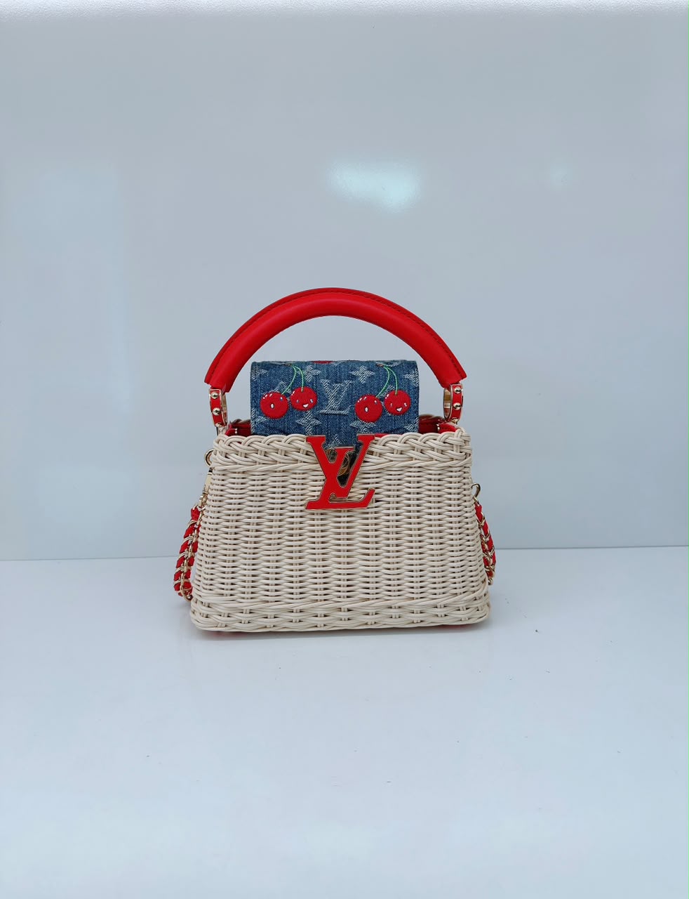 LOUIS VUITTON X TAKASHI MURAKAMI CAPUCINES  MINI RED AND BLUE MONOGRAM CHERRY DENIM AND RATTAN WICKER GOLD HARDWARE