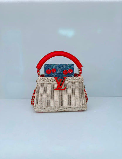 LOUIS VUITTON X TAKASHI MURAKAMI CAPUCINES  MINI RED AND BLUE MONOGRAM CHERRY DENIM AND RATTAN WICKER GOLD HARDWARE