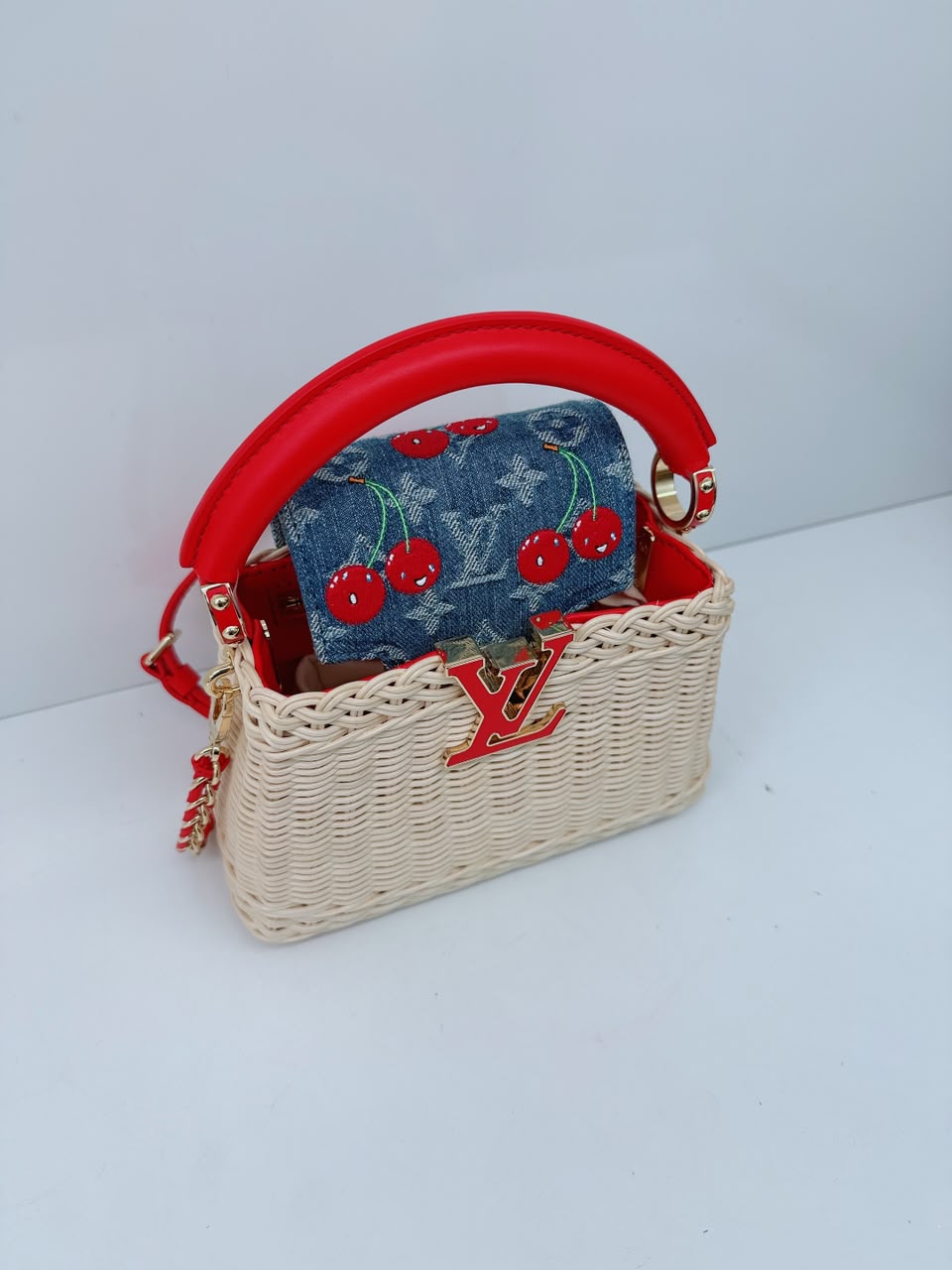LOUIS VUITTON X TAKASHI MURAKAMI CAPUCINES  MINI RED AND BLUE MONOGRAM CHERRY DENIM AND RATTAN WICKER GOLD HARDWARE