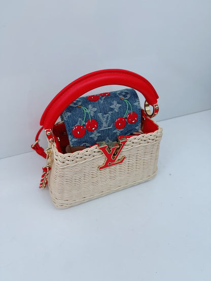 LOUIS VUITTON X TAKASHI MURAKAMI CAPUCINES  MINI RED AND BLUE MONOGRAM CHERRY DENIM AND RATTAN WICKER GOLD HARDWARE
