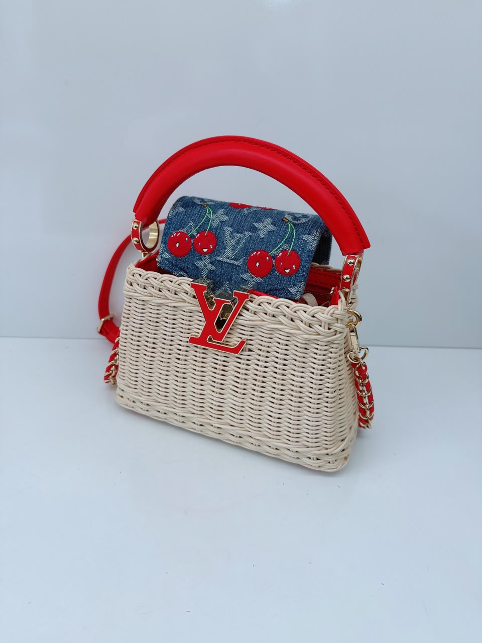 LOUIS VUITTON X TAKASHI MURAKAMI CAPUCINES  MINI RED AND BLUE MONOGRAM CHERRY DENIM AND RATTAN WICKER GOLD HARDWARE