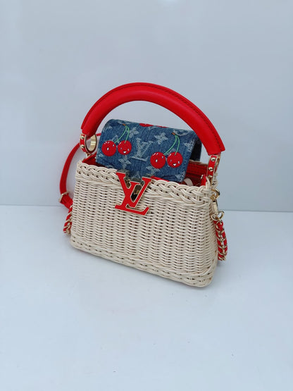 LOUIS VUITTON X TAKASHI MURAKAMI CAPUCINES  MINI RED AND BLUE MONOGRAM CHERRY DENIM AND RATTAN WICKER GOLD HARDWARE