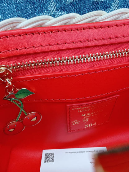 LOUIS VUITTON X TAKASHI MURAKAMI CAPUCINES  MINI RED AND BLUE MONOGRAM CHERRY DENIM AND RATTAN WICKER GOLD HARDWARE